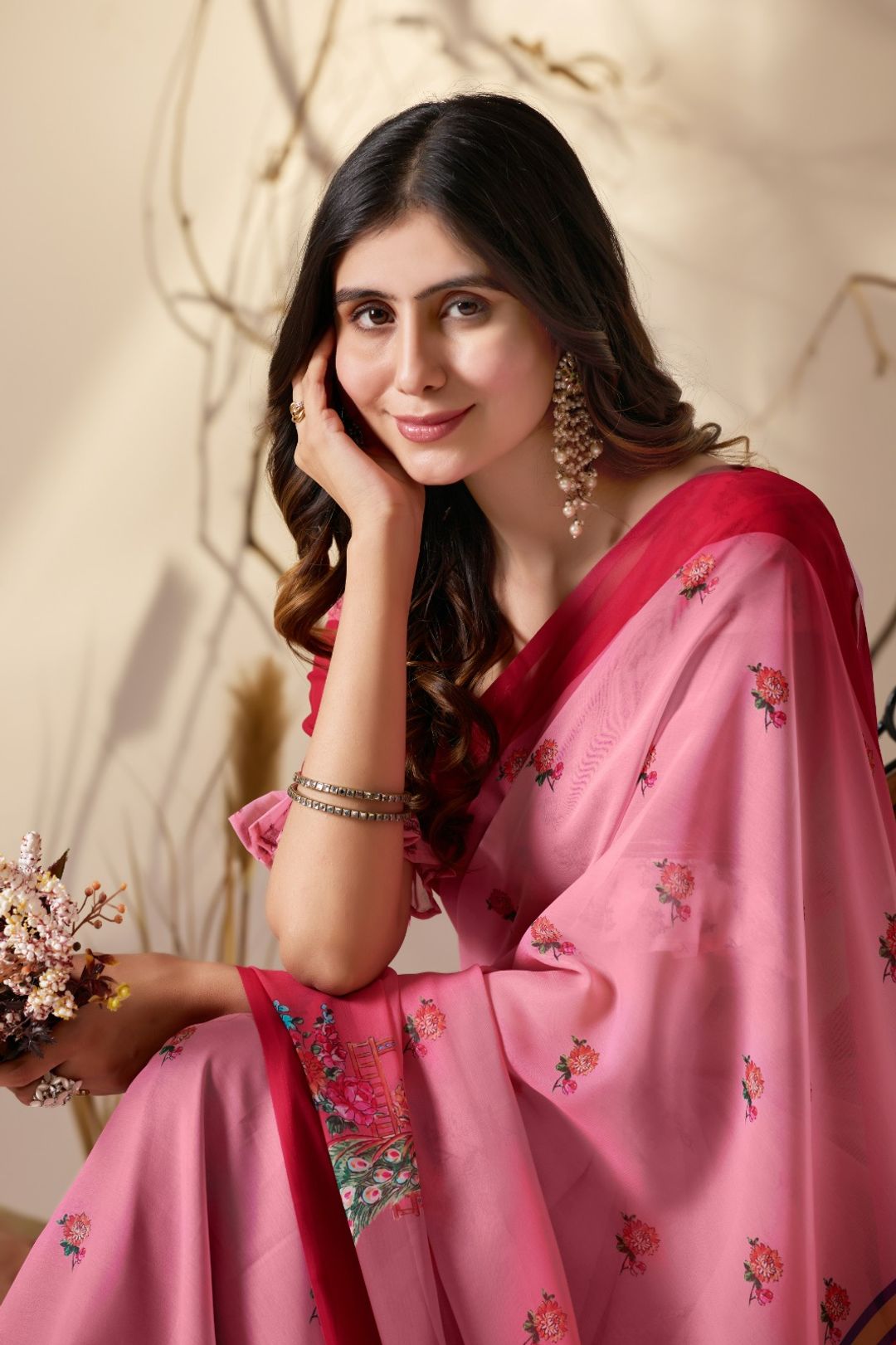 Pink Floral Georgette Saree with Designer Pallu