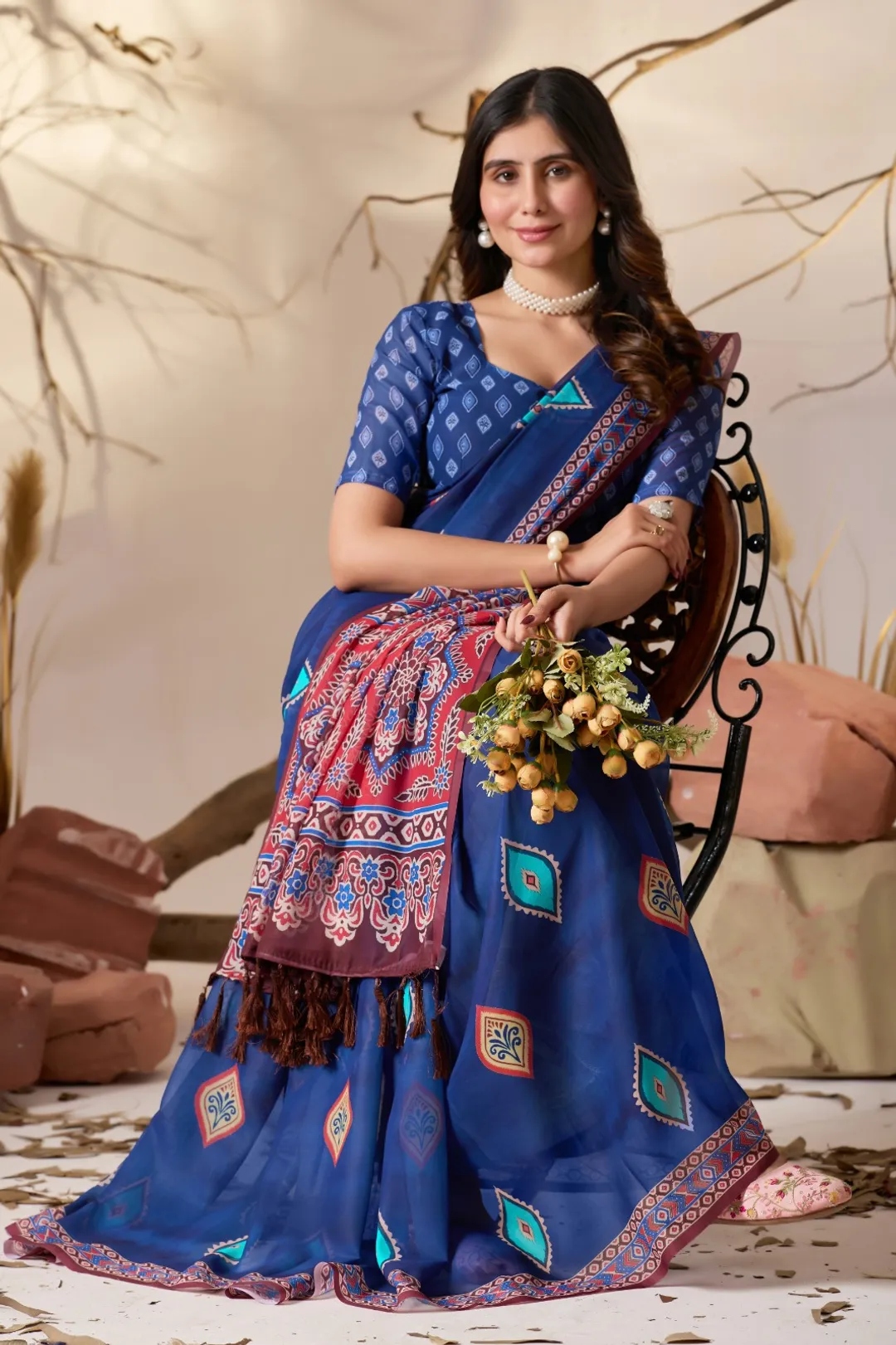 Royal Blue Printed Georgette Saree with Designer Pallu