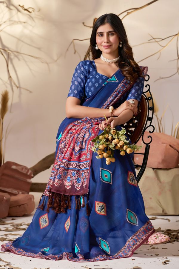 Royal Blue Printed Georgette Saree with Designer Pallu