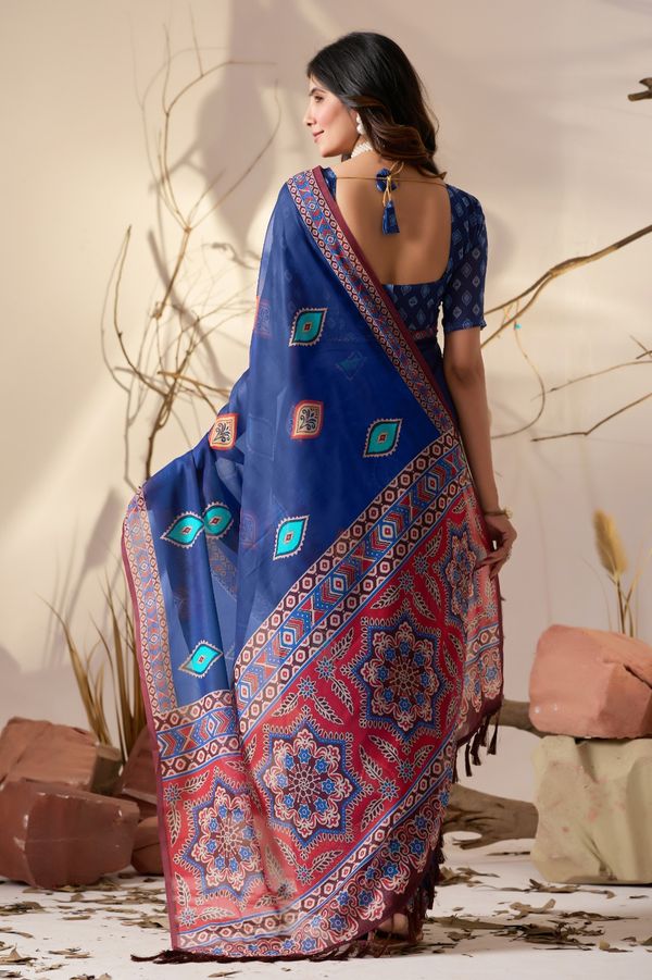 Royal Blue Printed Georgette Saree with Designer Pallu