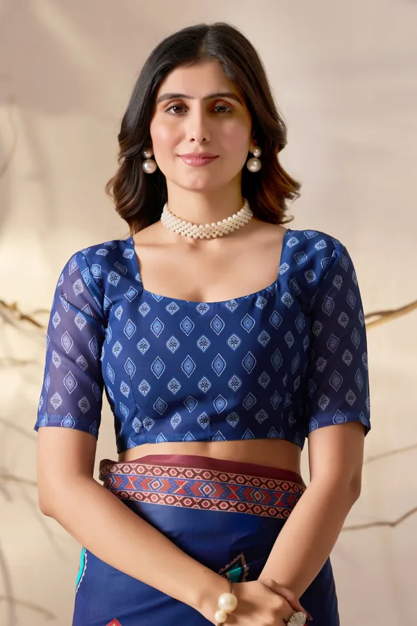 Royal Blue Printed Georgette Saree with Designer Pallu