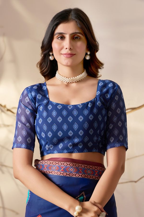 Royal Blue Printed Georgette Saree with Designer Pallu