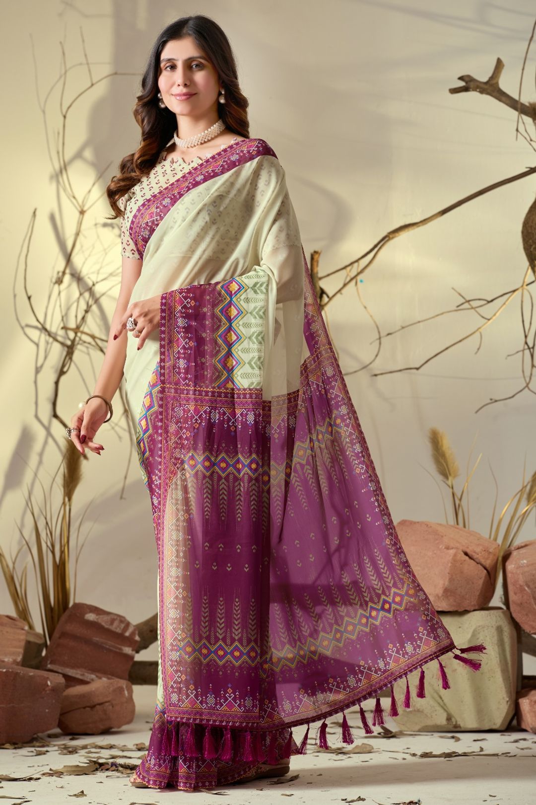 Cream Printed Georgette Saree with Designer Pallu
