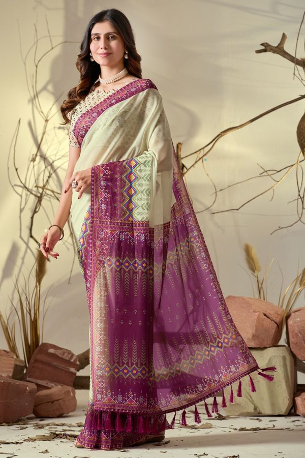 Cream Printed Georgette Saree with Designer Pallu
