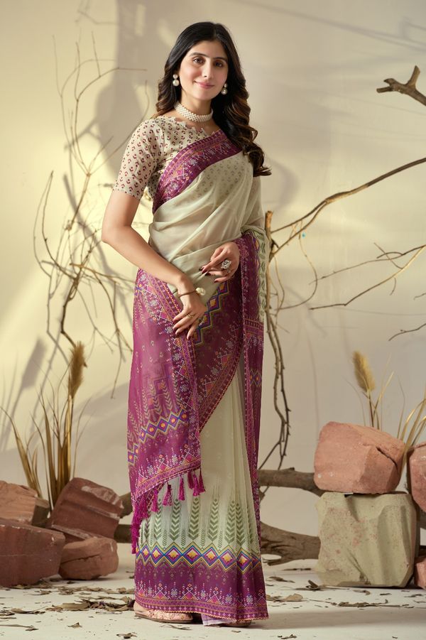 Cream Printed Georgette Saree with Designer Pallu