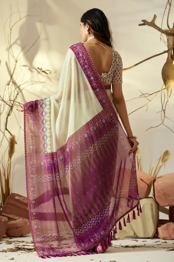 Cream Printed Georgette Saree with Designer Pallu