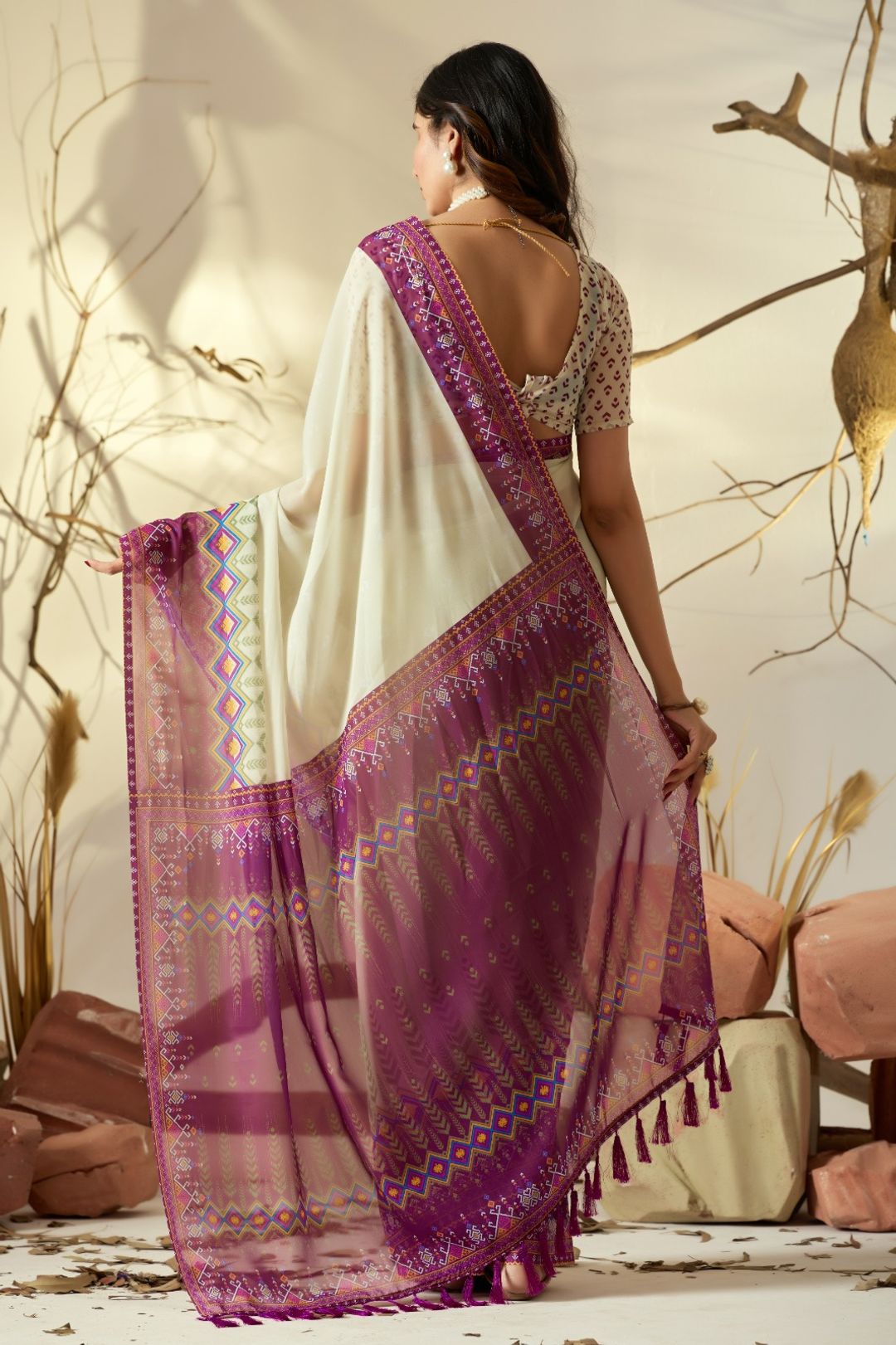 Cream Printed Georgette Saree with Designer Pallu