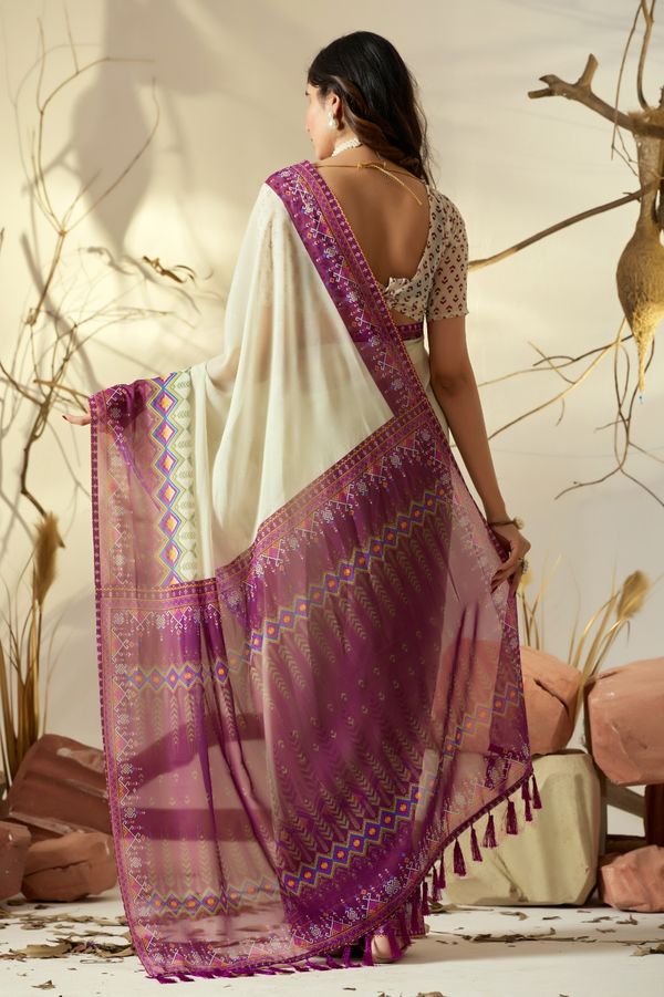 Cream Printed Georgette Saree with Designer Pallu