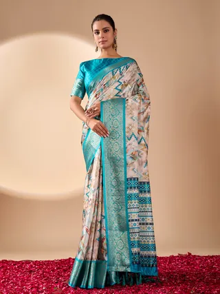 Aqua Lichi Silk Saree with Zari Woven Border