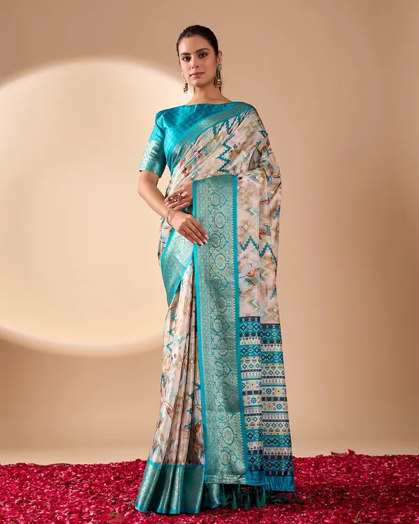 Aqua Lichi Silk Saree with Zari Woven Border
