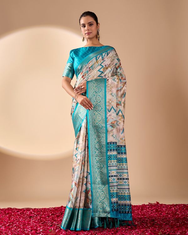 Aqua Lichi Silk Saree with Zari Woven Border