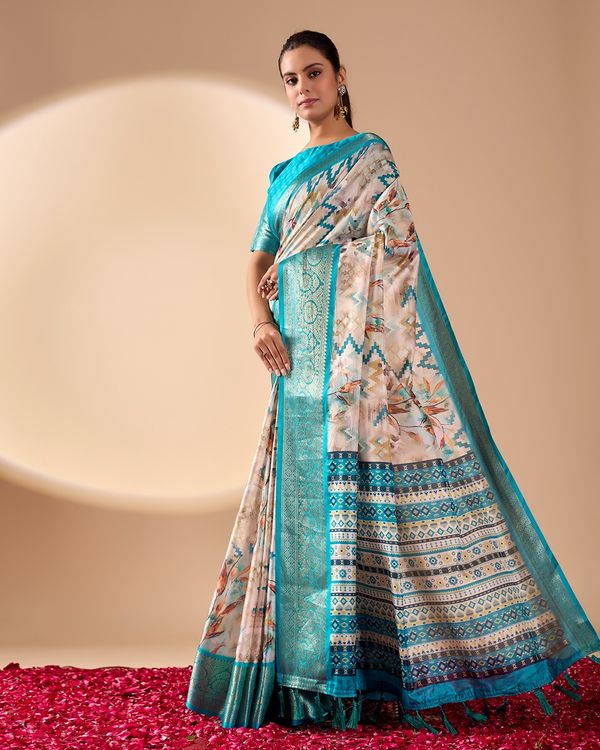 Aqua Lichi Silk Saree with Zari Woven Border