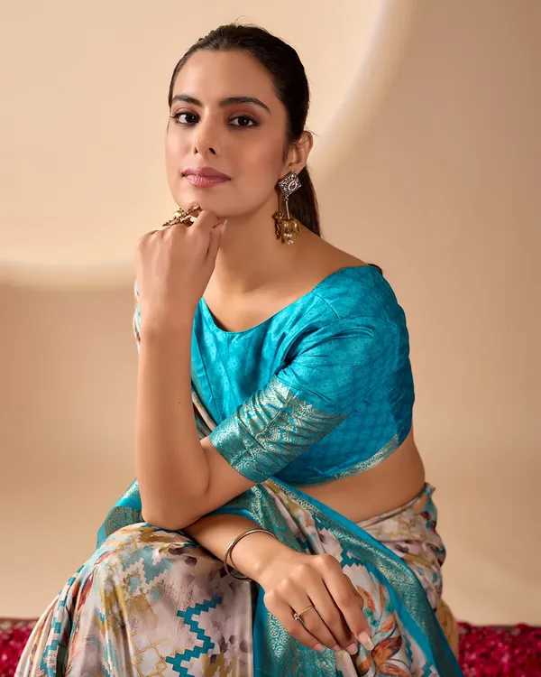 Aqua Lichi Silk Saree with Zari Woven Border