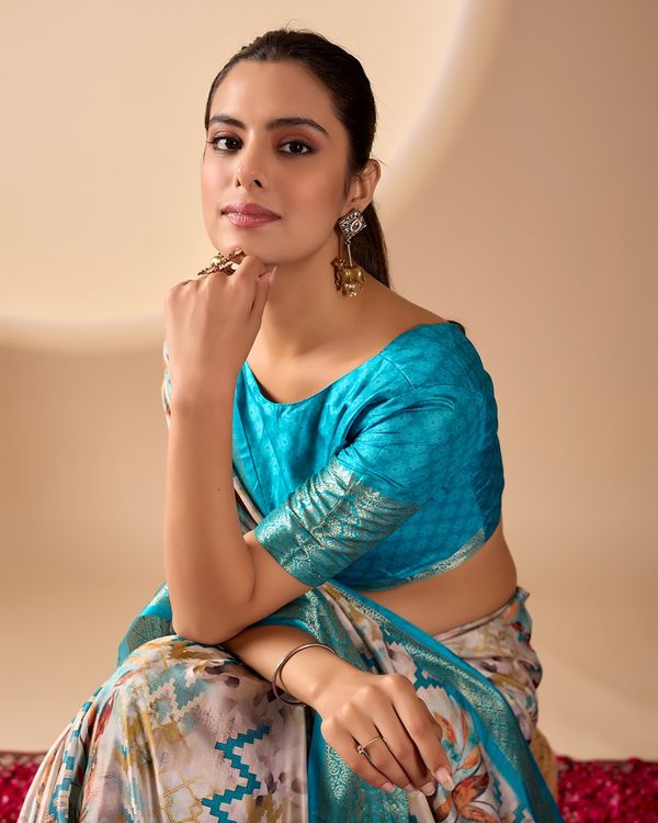Aqua Lichi Silk Saree with Zari Woven Border