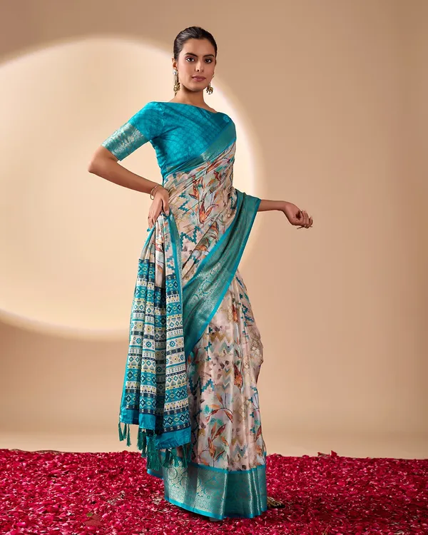 Aqua Lichi Silk Saree with Zari Woven Border