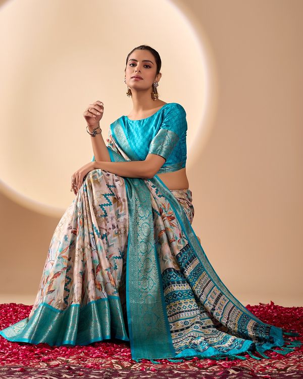 Aqua Lichi Silk Saree with Zari Woven Border