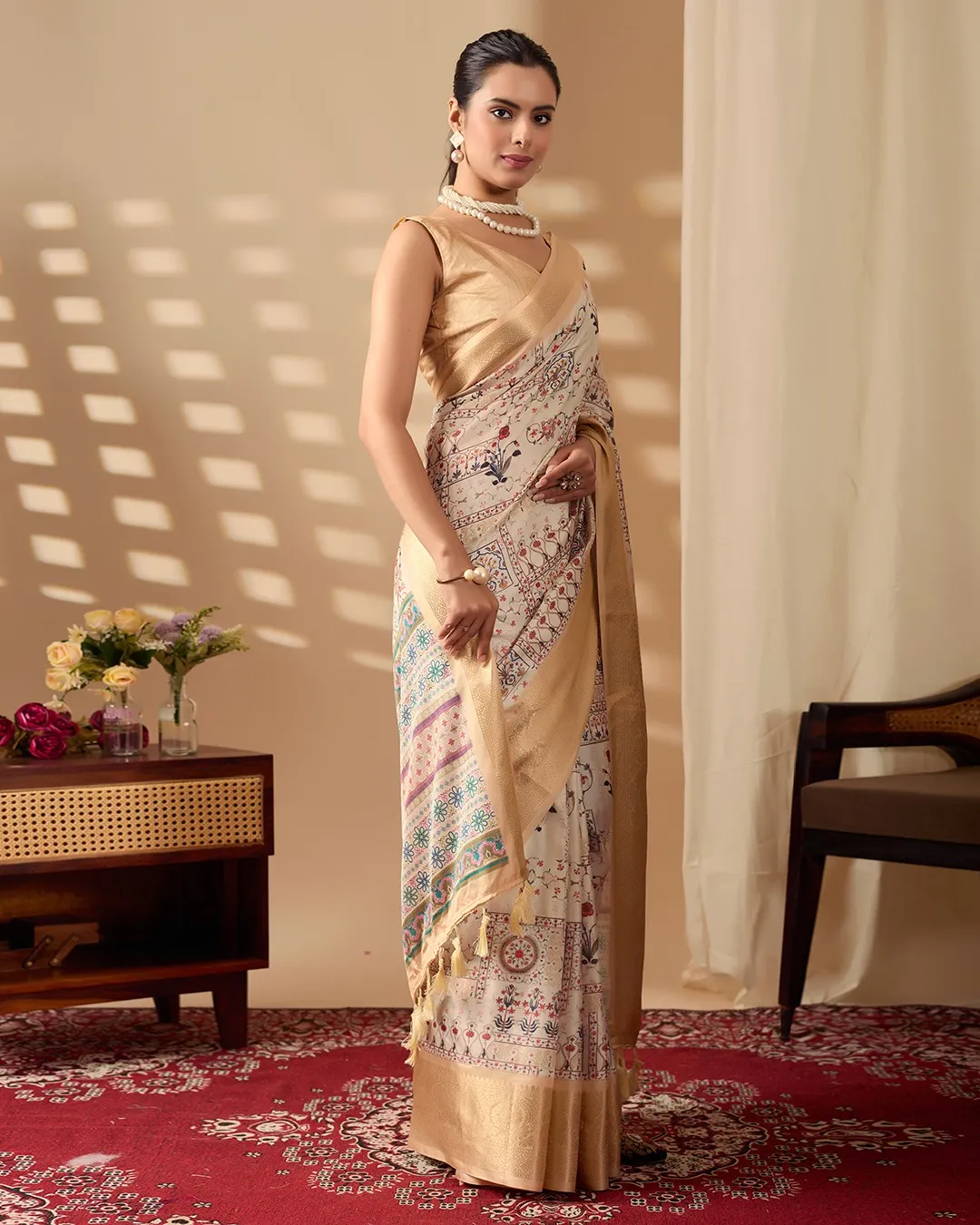 Beige Lichi Silk Saree with Zari Woven Border