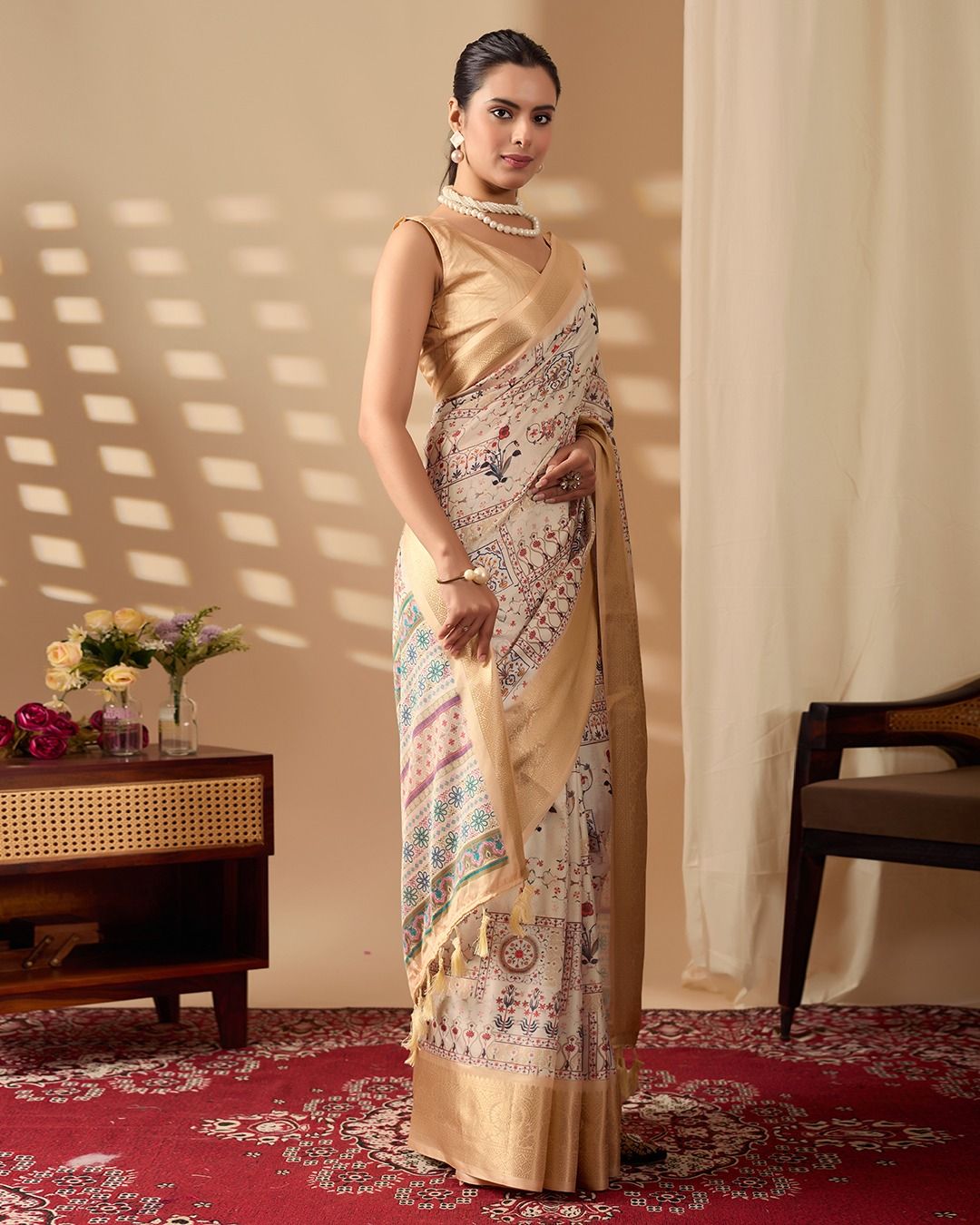 Beige Lichi Silk Saree with Zari Woven Border