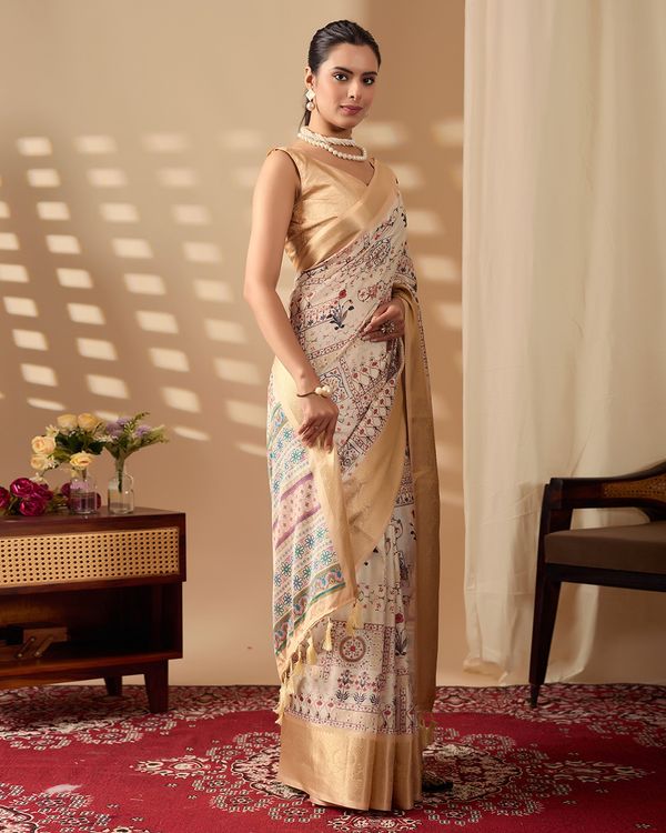 Beige Lichi Silk Saree with Zari Woven Border