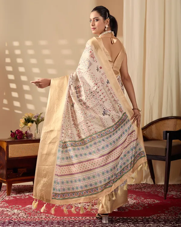 Beige Lichi Silk Saree with Zari Woven Border