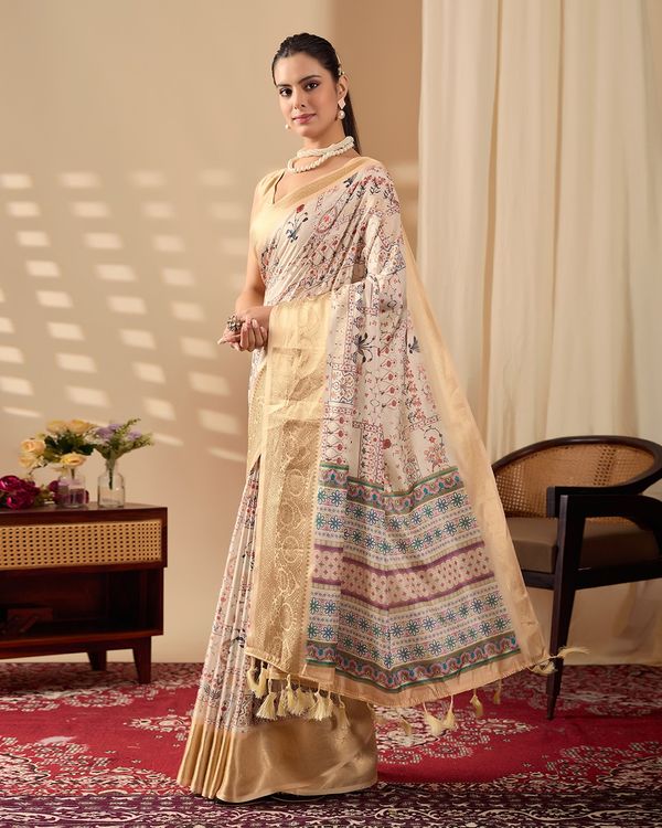 Beige Lichi Silk Saree with Zari Woven Border