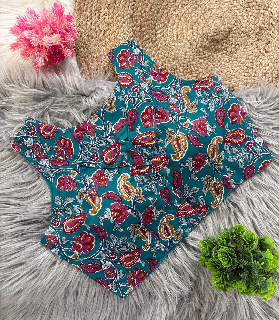 Kalamkari Cotton V Neck Collar Blouse for Women