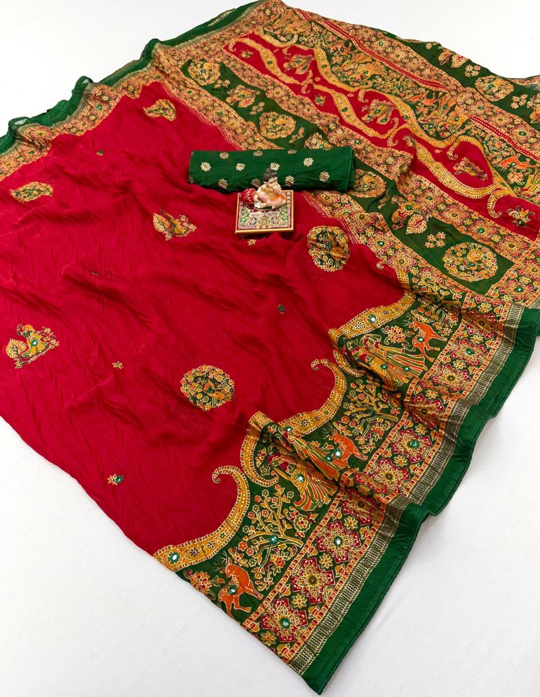Red Printed Georgette Silk Saree with Foil Mirror Work
