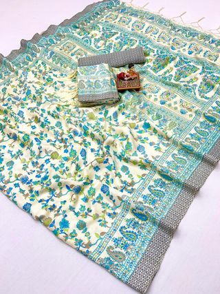 Stylish Cream Pashmina Saree with Blue Floral Design
