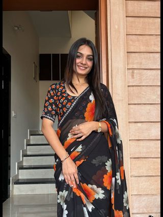 Designer Black Floral Saree With Sparkle Border Work