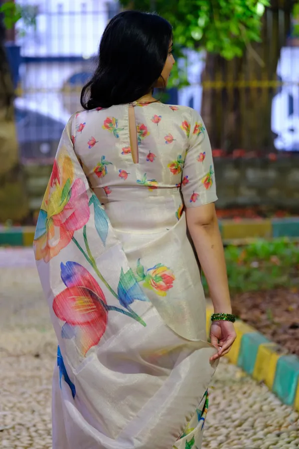 Soft Tussar Silk Floral Saree For Festive Wear