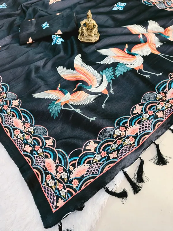 Black Hans Chitrakala Printed Tussar Silk Saree