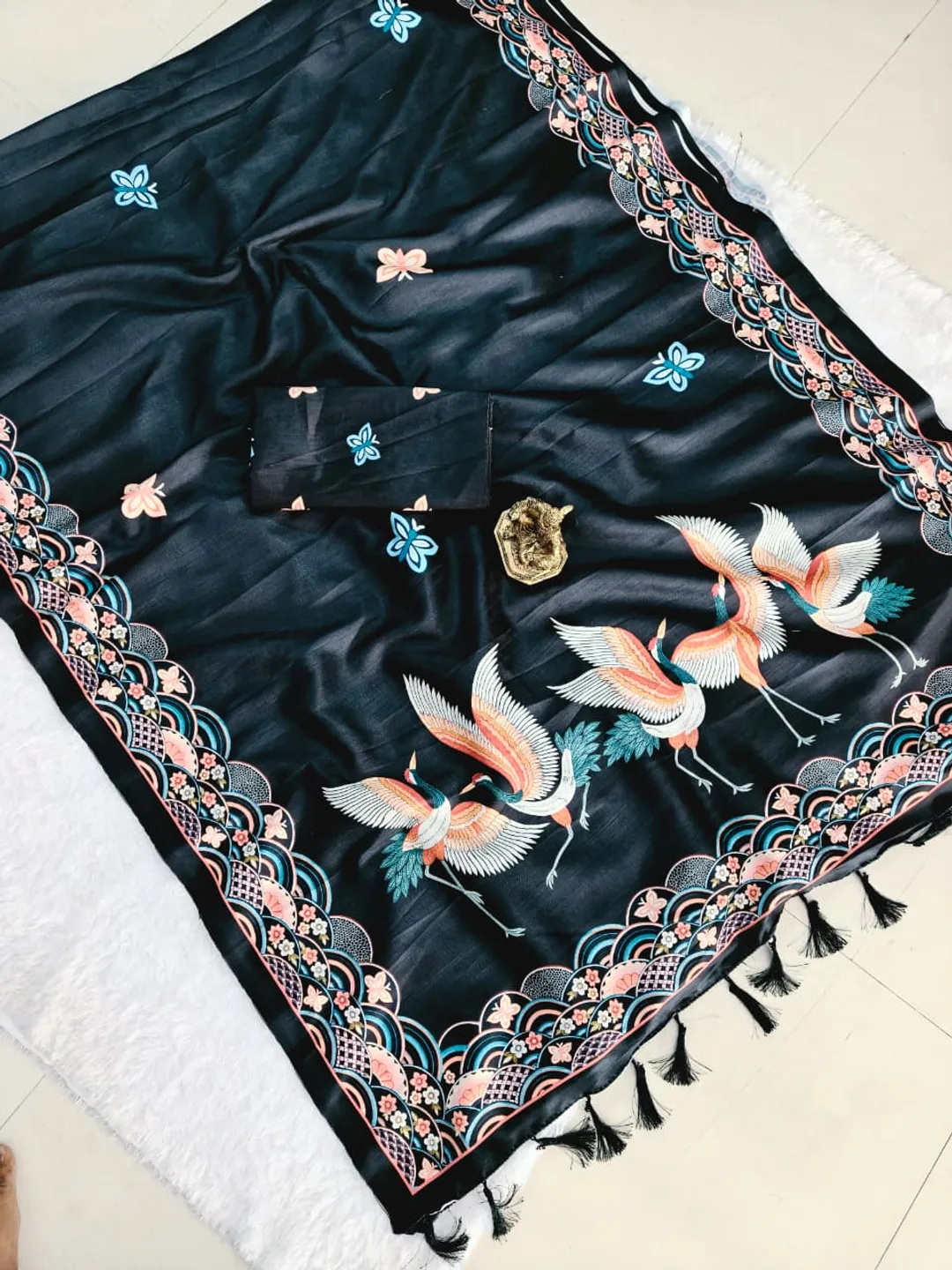 Black Hans Chitrakala Printed Tussar Silk Saree