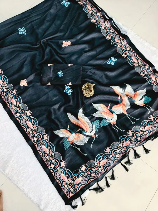 Black Hans Chitrakala Printed Tussar Silk Saree