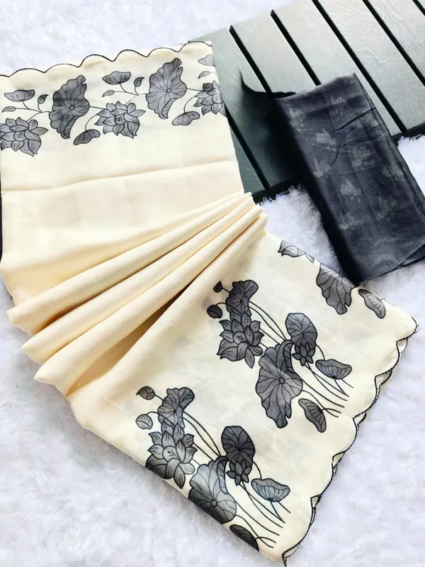 Premium Chikoo Floral Tussar Silk Ethnic Wear Saree