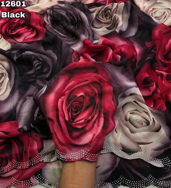 Black Rose Print Georgette Saree with Stone Work