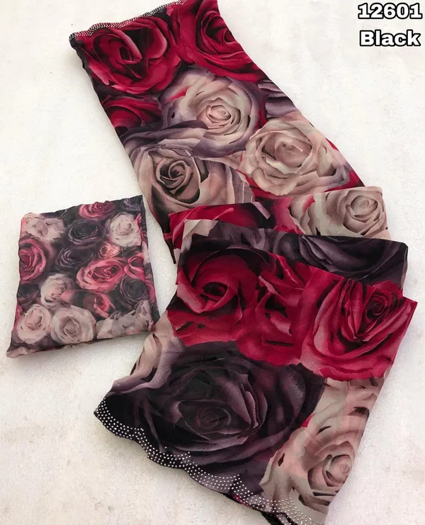 Black Rose Print Georgette Saree with Stone Work