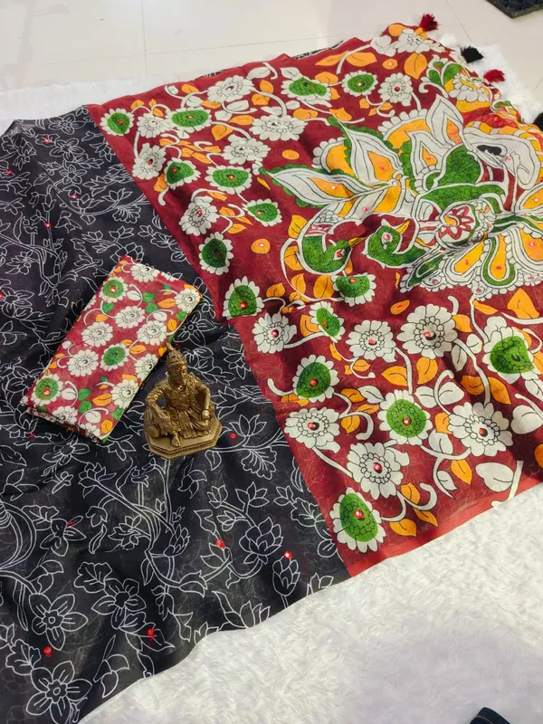 Black Kalamkari Mirror Work Linen Saree with Ethnic Digital Print
