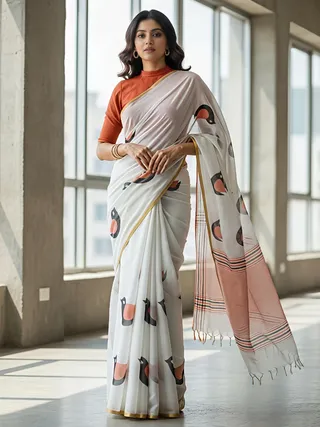 Elegant White Linen Saree with Bird Digital Print & Gold Border