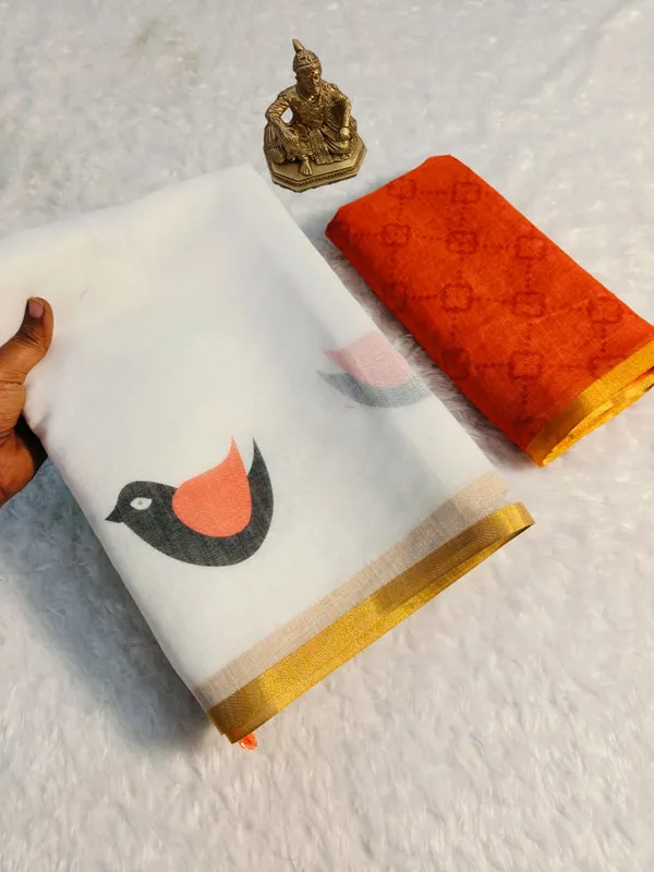 Elegant White Linen Saree with Bird Digital Print & Gold Border