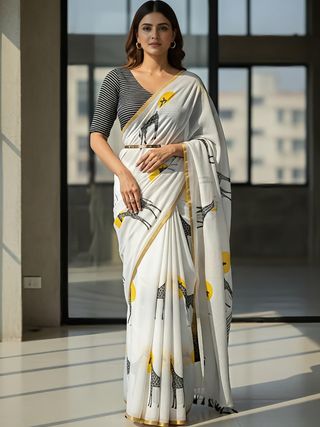White Giraffe Print Linen Saree with Gold Border