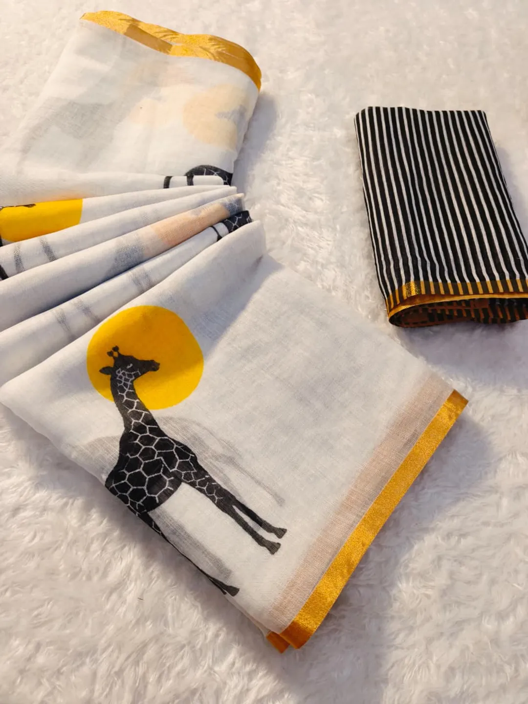White Giraffe Print Linen Saree with Gold Border