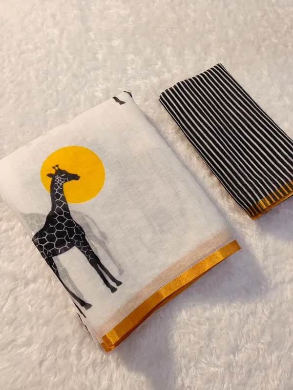White Giraffe Print Linen Saree with Gold Border