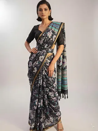 Party Wear Black Floral Linen Saree for Women