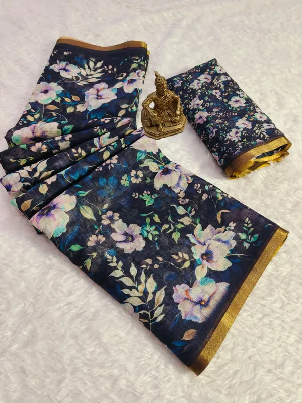 Party Wear Black Floral Linen Saree for Women