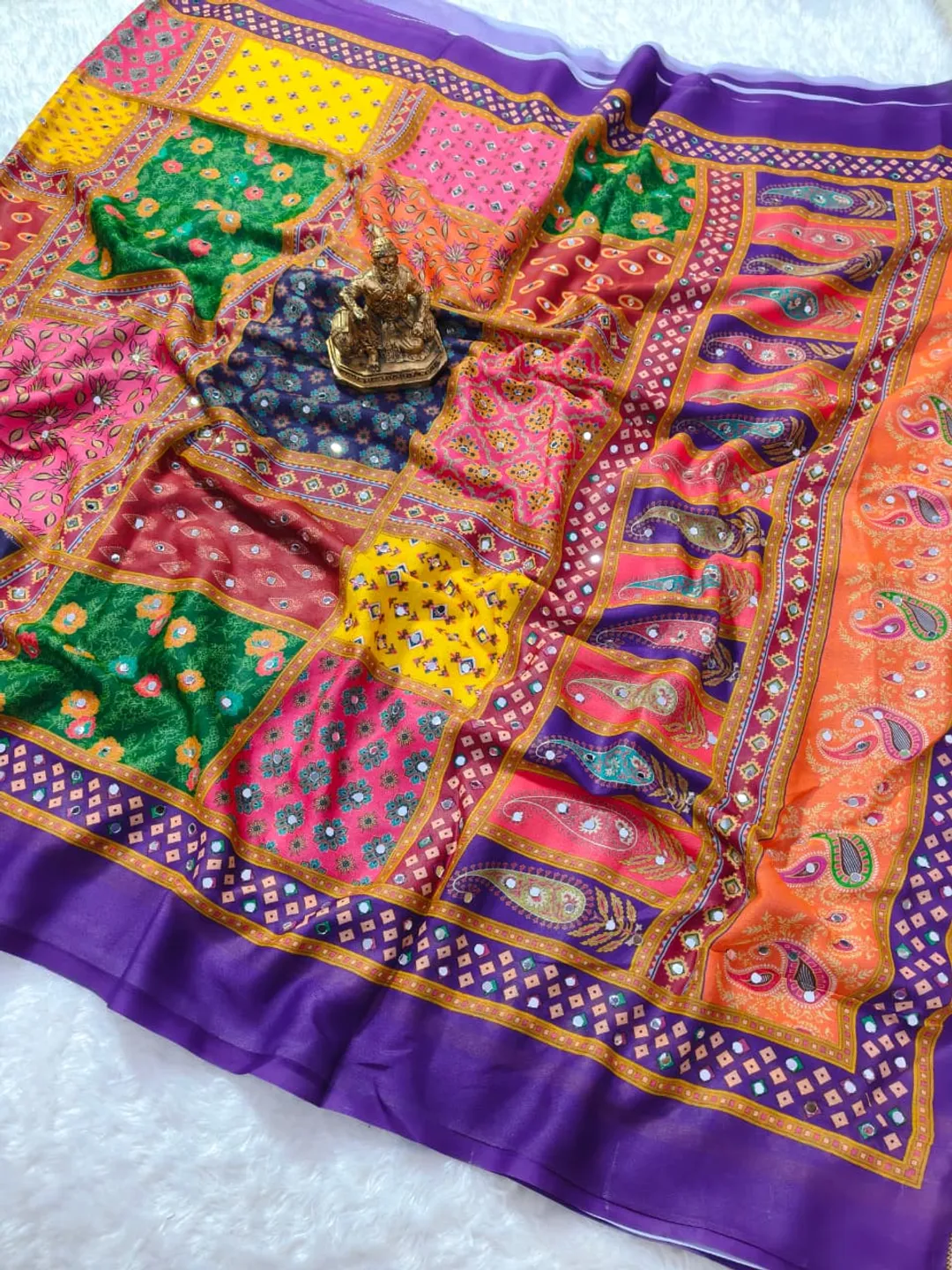 Purple Bandhej Mirror Work Masakali Saree