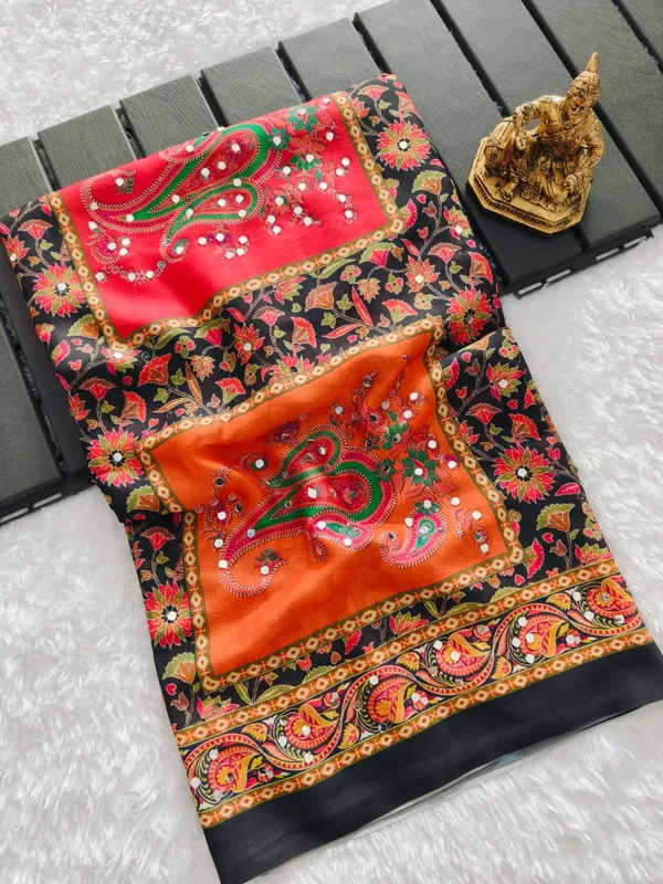 Black Ethnic Mirror Work Bandhej Silk Saree