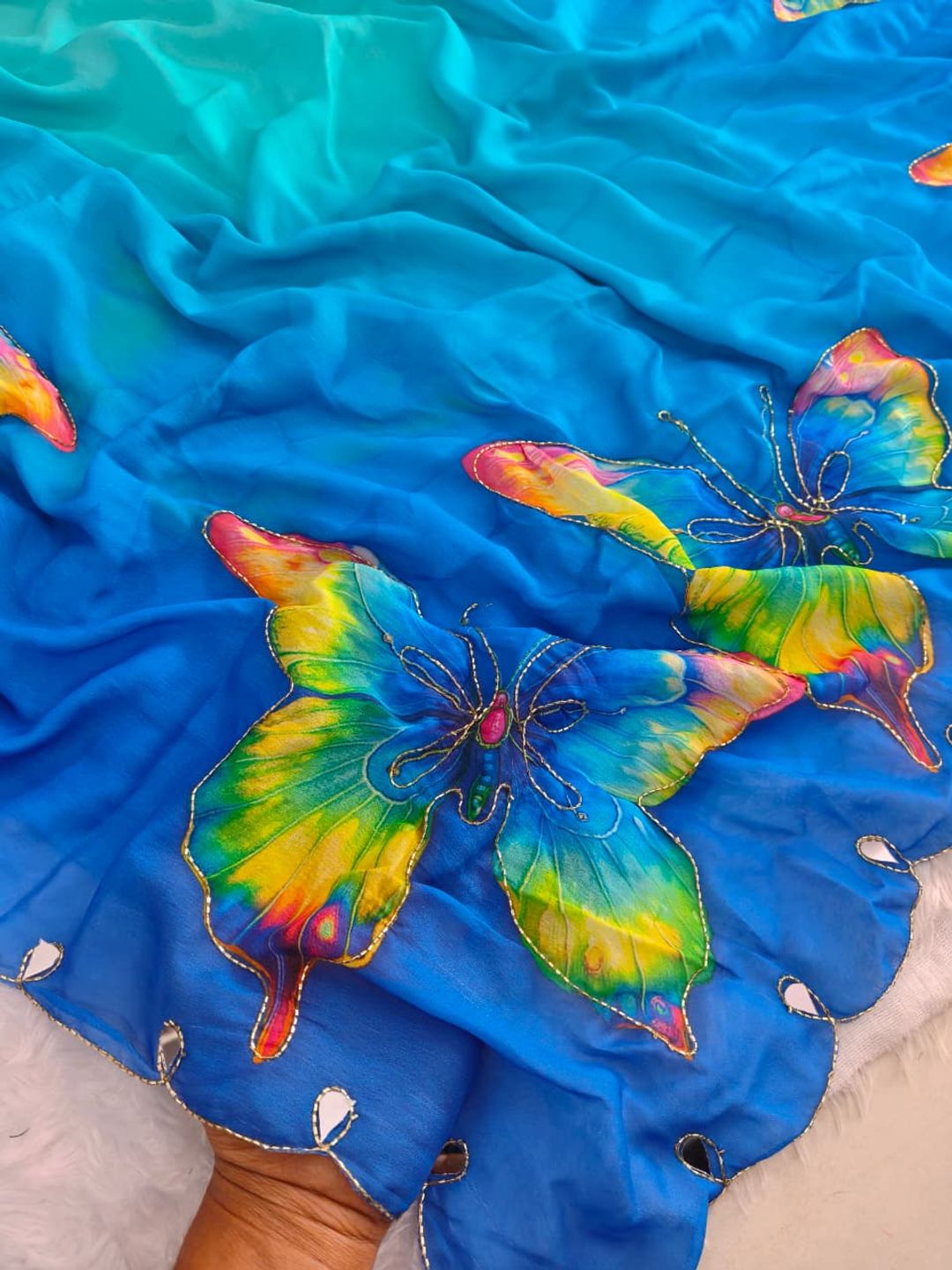 Rasmalai Butterfly Print Georgette Saree with Mirror Work