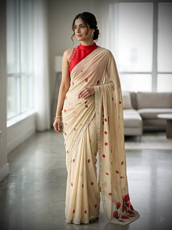 Designer Rose Floral Print Mirror Work Saree with Matching Blouse for Women