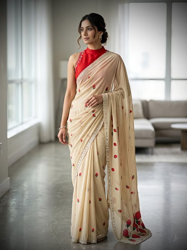 Designer Rose Floral Print Mirror Work Saree with Matching Blouse for Women