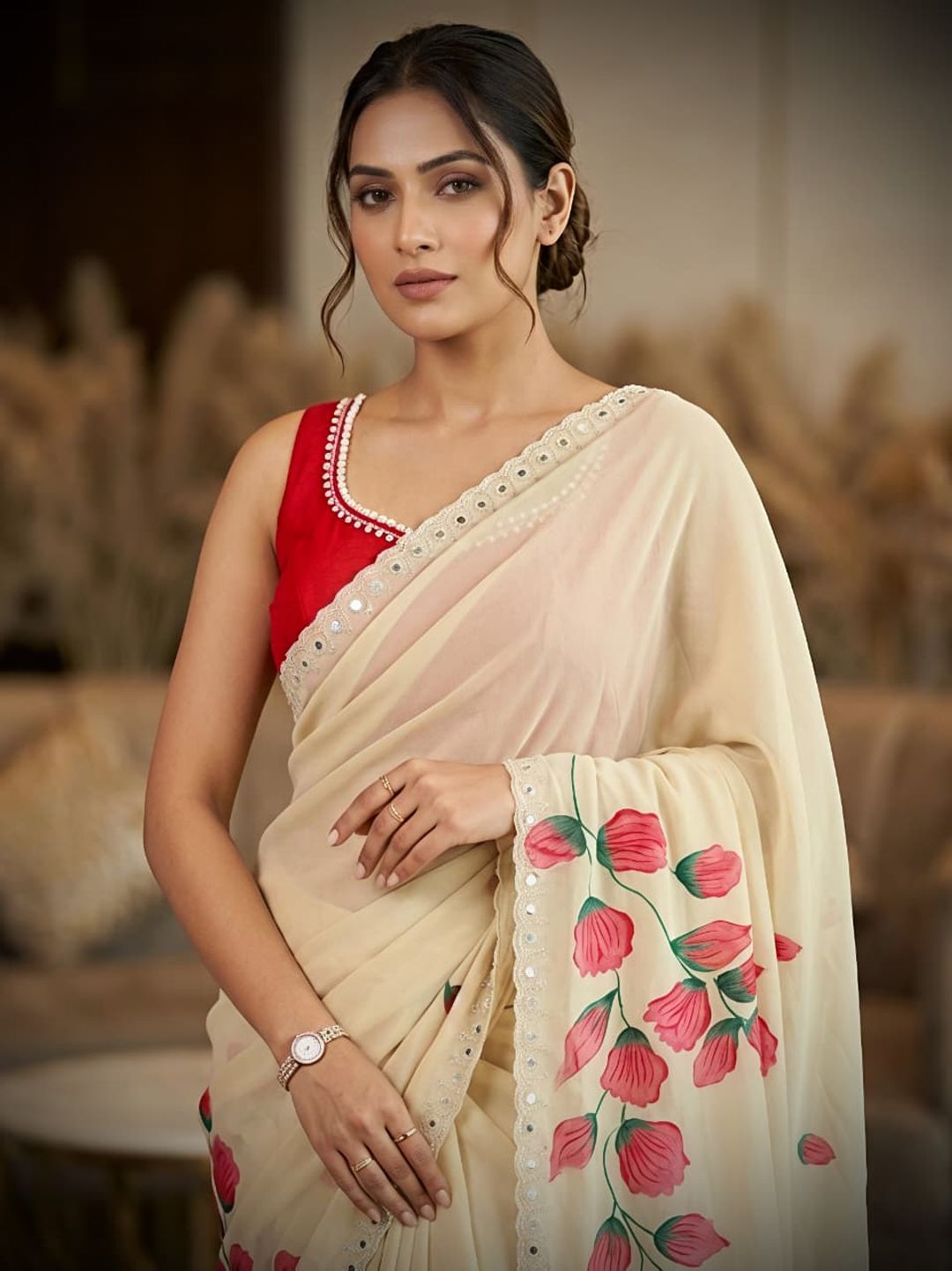 Designer Rose Floral Print Mirror Work Saree with Matching Blouse for Women
